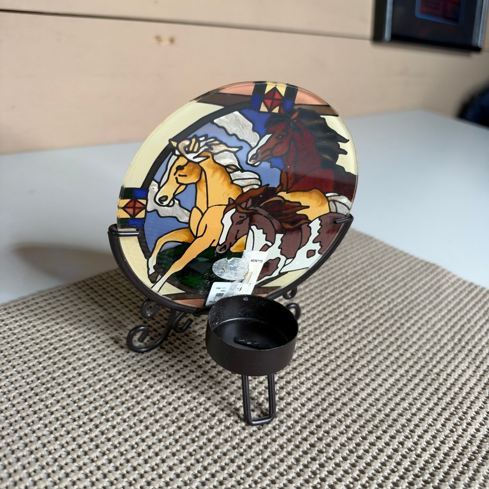 Stained Glass Style Horse Tea Light Candle Holder Metal Scroll Stand 4.5"